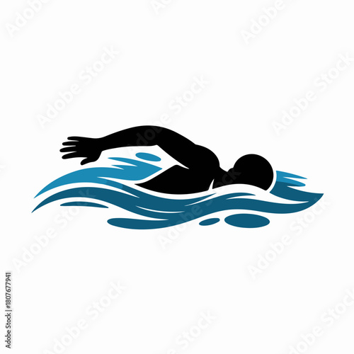 Swimmer silhouette in blue water waves performing freestyle stroke, aquatic sport icon vector illustration on white background