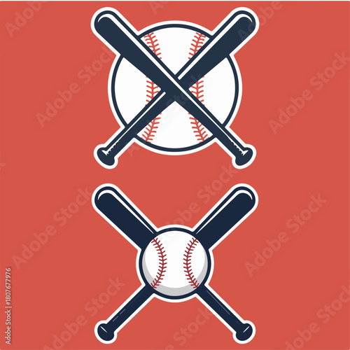 Baseball with crossed bats emblem, classic league team badge on red background, clean sports logo vector illustration for uniforms and merchandise