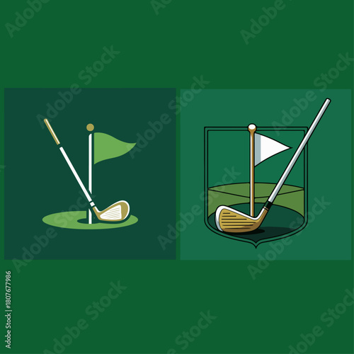 Golf icons with club, flag and putting green shown in two square panels on dark green, country club sport badge style vector illustration