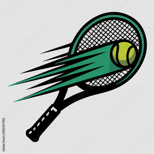 Tennis racket striking ball with speed lines, fast serve motion graphic, dynamic court sport logo vector illustration on light background