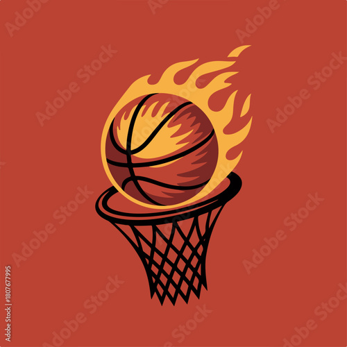 Flaming basketball flying through hoop and net, fiery motion sports graphic, dynamic streetball logo vector illustration on red background