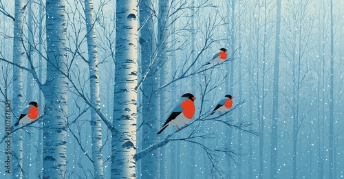 Colorful Birds Perched on Snowy Branches in a Serene Winter Forest Scene