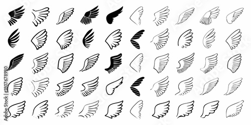 Collection of hand drawn angel wings in various styles and shapes
