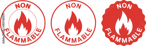 Non flammable safety warning icon set in bright red with a flame symbol; essential hazard label for shipping and packaging materials