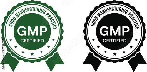 Good Manufacturing Practice GMP certified quality assurance badge logo in green and black for regulated products and industry