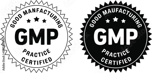 Black and white vector icon of Good Manufacturing Practice GMP certified badge, representing quality and industry standards compliance
