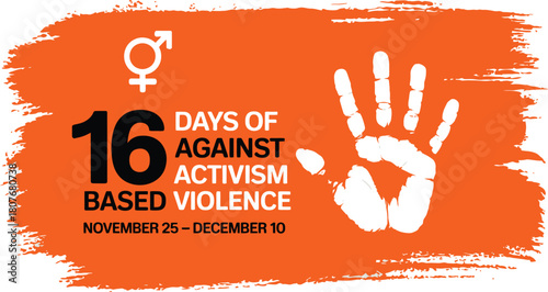 16 Days of Activism Against Gender Based Violence campaign banner with white handprint on an expressive orange brushstroke background