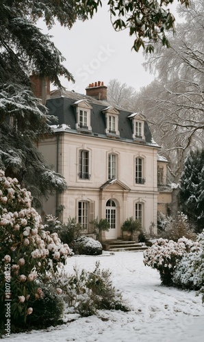 Beautiful Winter Scene Featuring a Classic House Surrounded by Snow and Flowers