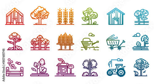 Colorful Gradient Agriculture and Farming Line Icon Set.