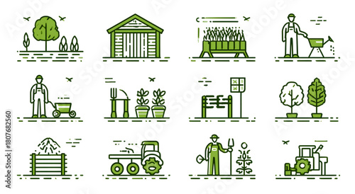 Green Farming and Gardening Icon Collection Vector Set.