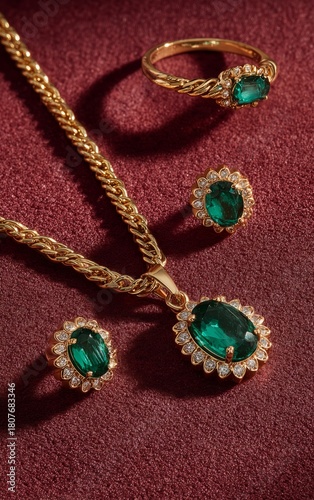 Elegant Gold Jewelry Set Featuring Emerald Stones Displayed on Rich Burgundy ...