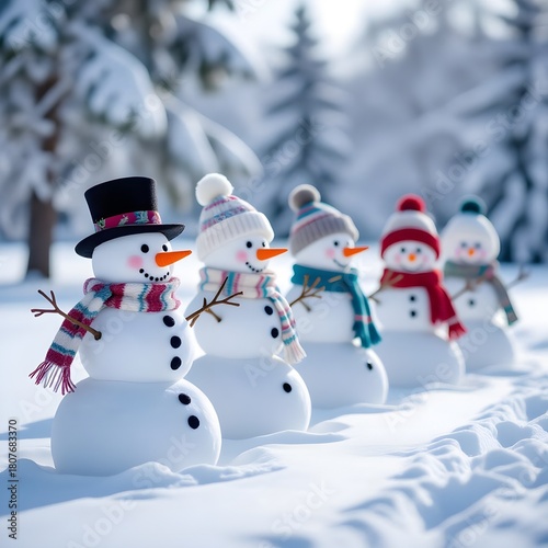 decorated snowmen in a row