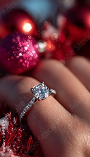 Sparkling Engagement Ring Held Against Festive Red Decorations During Holiday...