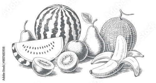 Vintage tropical fruit assortment illustrated in detailed linework.