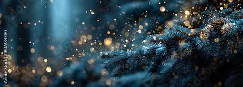 Sparkling Winter Forest Scene With Shimmering Lights and Frosty Branches at T...