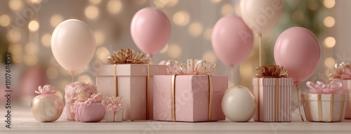 Festive Display of Pink and Gold Gifts With Balloons for a Joyful Celebration