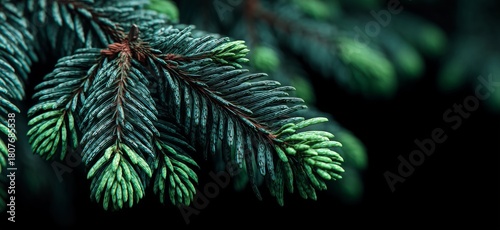 Fresh Green Pine Branches With Red Buds Against a Dark Background