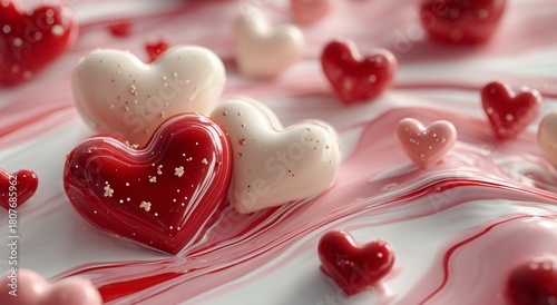 Red and White Heart Shapes on a Pink Surface Create a Romantic Scene for a Ce...