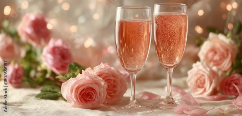 Celebration With Sparkling Drinks and Pink Roses at a Festive Gathering