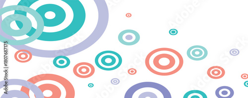 Abstract background with overlapping colorful concentric circles and arcs in pastel shades of teal lavender and coral creating a playful and modern design