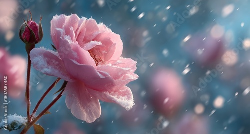 Snow Falls Softly on Blooming Pink Roses in a Winter Garden
