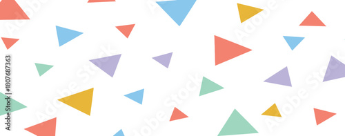 A whimsical and playful seamless pattern featuring a scattered arrangement of colorful geometric triangles in various sizes and pastel shades on a clean white background perfect for children s designs