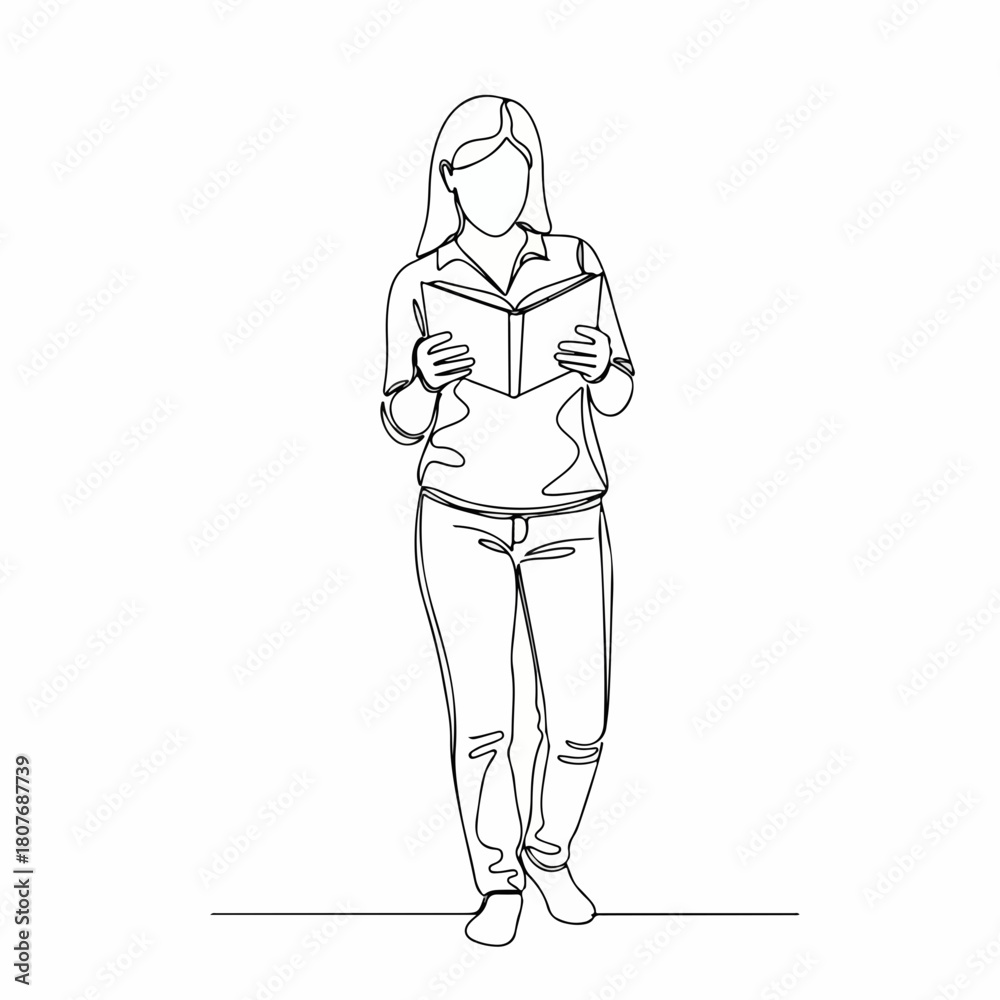 Fototapeta premium Minimalist Line Drawing Woman Standing Reading a Book Illustration