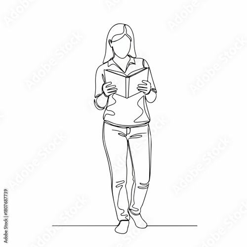 Minimalist Line Drawing Woman Standing Reading a Book Illustration
