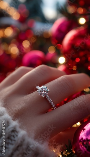 Elegant Engagement Ring Displayed Against Festive Holiday Decorations in Warm...