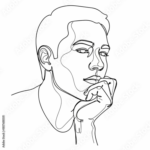 Simple Continuous Line Art Portrait of a Contemplative Man Face