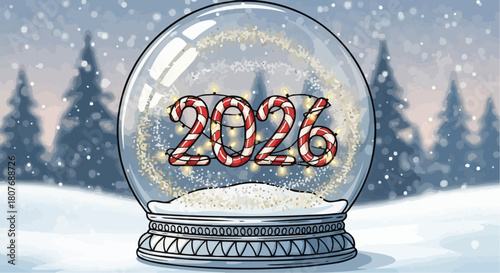 A snow globe with candy cane numbers spelling 2026 and lights in a winter scene with falling snow