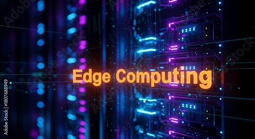 Edge computing server racks in a modern data center with colorful lights and futuristic design elements