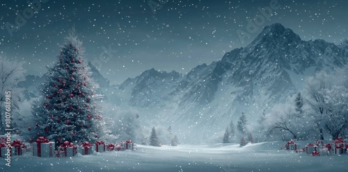 Winter Wonderland With Snow-Covered Mountains and Festive Presents at Night