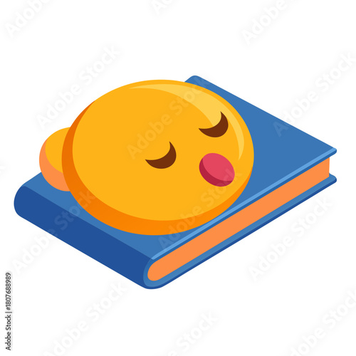 Stylized yellow emoji face with closed eyes and open mouth sleeping on a blue book isolated on transparent background