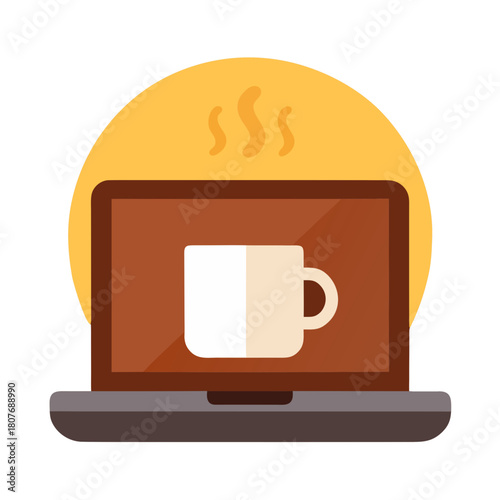 Stylized illustration of a laptop displaying a steaming coffee cup on its screen with a warm yellow circle behind it isolated on transparent background