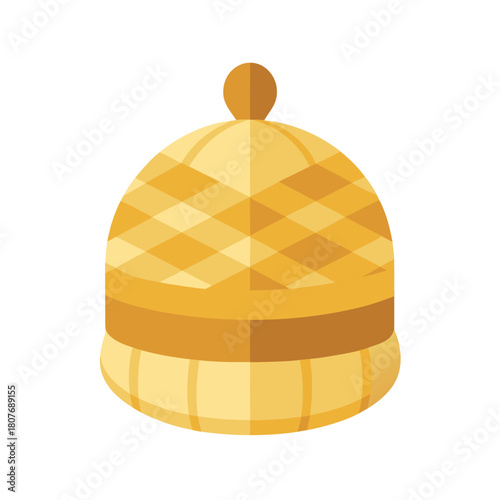 A warm knitted winter beanie hat with a pom pom on top in a golden yellow color isolated on transparent background