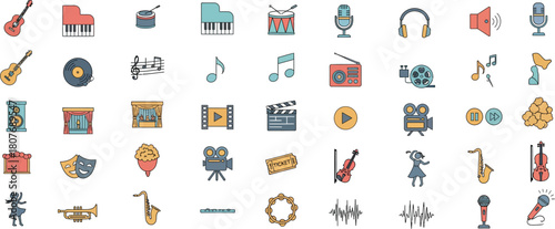 A vibrant collection of diverse musical instruments and audio equipment icons presented in a grid format perfect for music related designs and concepts