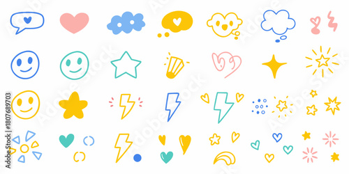 Hand drawn doodle elements hearts stars lightning bolts clouds and smiley faces