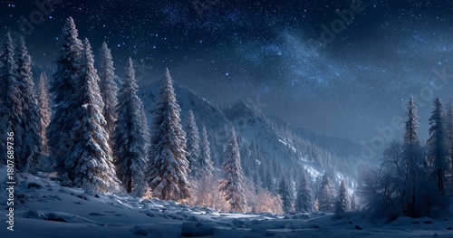 Winter Night in a Snowy Forest With Vibrant Stars Illuminating the Landscape