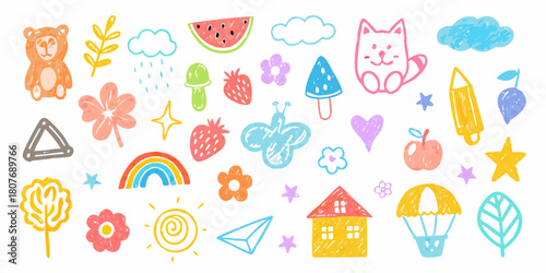 Colorful hand drawn doodle set of cute objects on white background