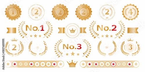 Golden ranking elements with laurel wreaths ribbons stars and crowns on white