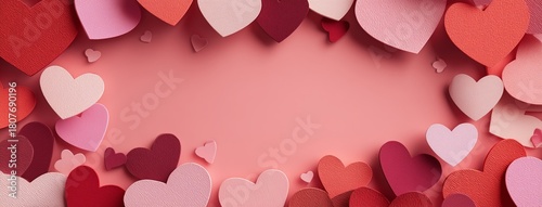 Colorful Hearts Scattered on a Pink Background for Celebrations or Romantic O...
