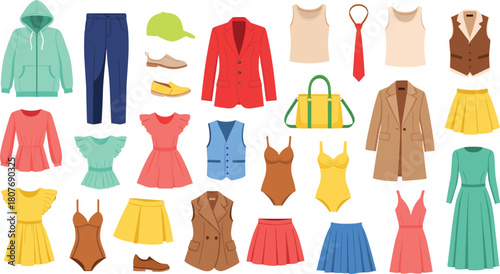 Clothing collection, dresses, tops, bottoms, outerwear, accessories, shoes, seasonal fashion, wardrobe variety, flat vector illustration, stylish design