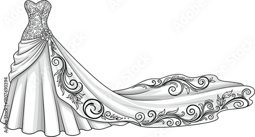 Elegant wedding dress, floral lace gown, bridal fashion, strapless bodice, ball gown silhouette, ornate train, flat vector illustration, romantic design