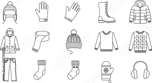 Winter clothing accessories set, hat, gloves, boots, jacket, scarf, sweater, jeans, socks, earmuffs, coat, mitten, flat vector illustration