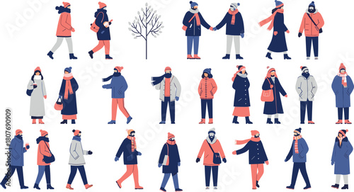 Winter fashion people, cold weather clothing, social outdoor scene, coats hats scarves gloves, flat vector illustration, seasonal outfit collection