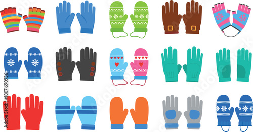 Winter glove collection, mittens, fingerless styles, snowflake patterns, cozy handwear, seasonal accessories, fashion variety, flat vector illustration, colorful design