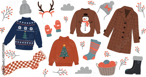 Winter holiday clothing, sweaters, boots, hats, mittens, scarf, festive accessories, cozy fashion, seasonal outfit, flat vector illustration, decorations