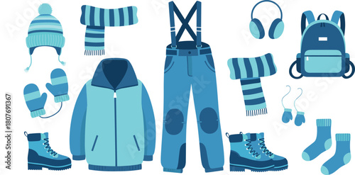 Blue winter clothing and accessories set, jacket, boots, mittens, scarf, hat, backpack, socks, flat vector illustration, seasonal fashion