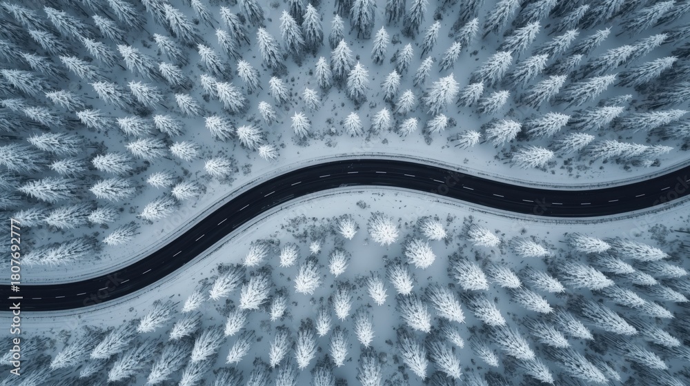 Naklejka premium Top down aerial view of a black winding road surrounded by snow-covered pine trees in a winter forest. Cold season landscape.